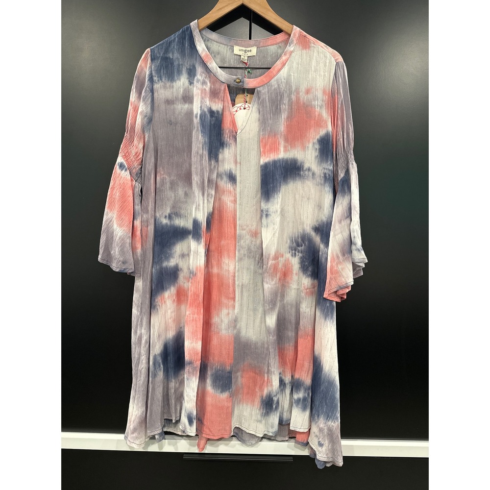 Umgee Tie Dye Metallic Stripe Bell Sleeve Tunic Dress Pink Blue Small NWT A6347